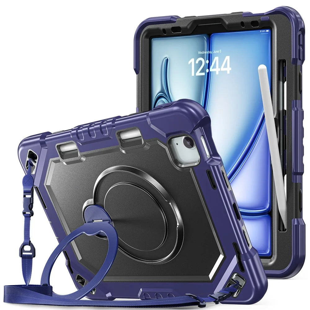 Kickstand Tablet Case for iPad Air 11 (2026) / (2025) / (2024) / Air (2022) / (2020) / Pro 11 (2022) / (2021) / (2020) / (2018) TPU + PC + Silicone Cover with Shoulder Strap - Navy Blue+Black - 4