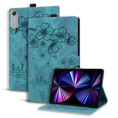 For Lenovo Idea Tab Pro Gen 2 Case Card Slots Leather Tablet Stand Folio Cover Flower Cat - Green - 1