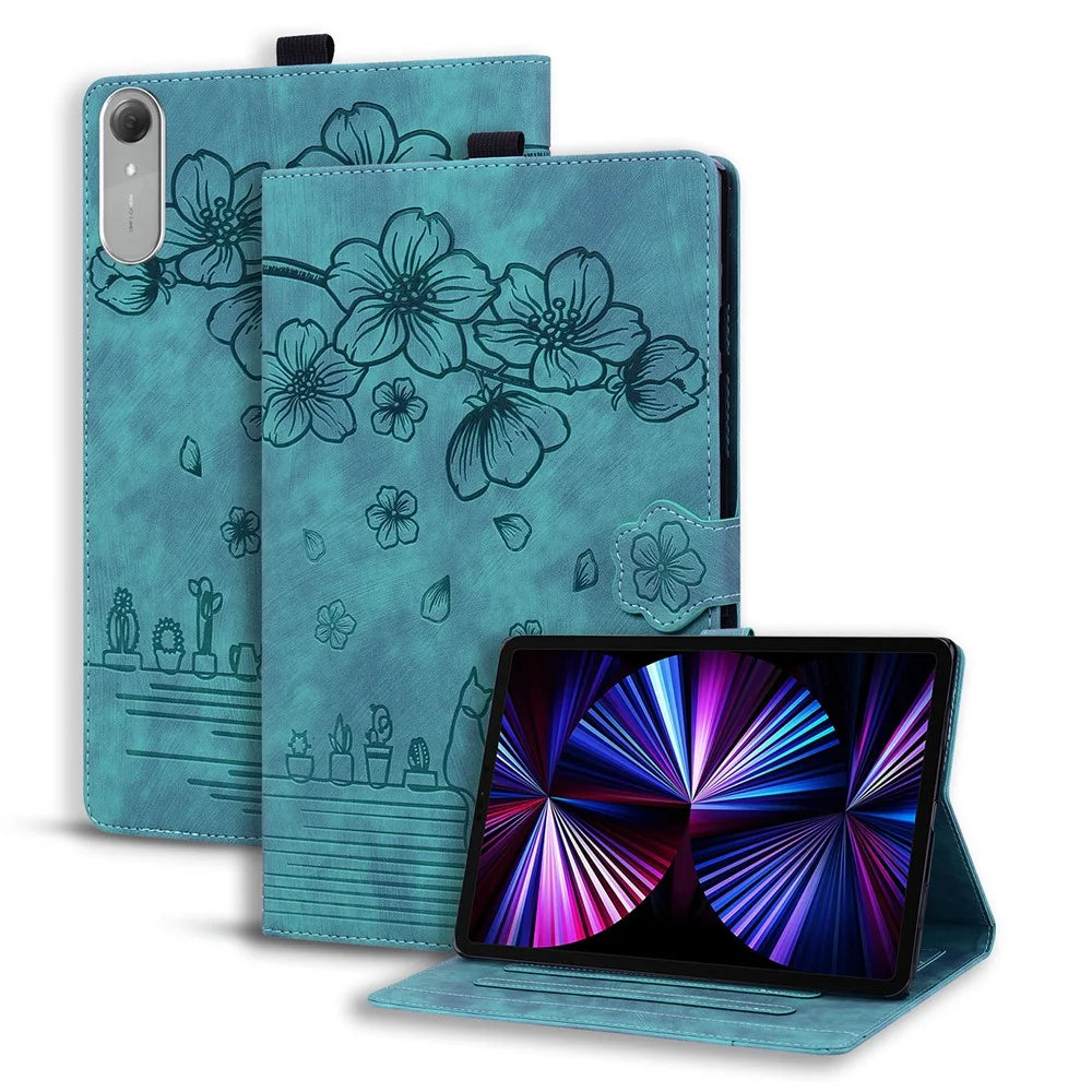 For Lenovo Idea Tab Pro Gen 2 Case Card Slots Leather Tablet Stand Folio Cover Flower Cat - Green - 1