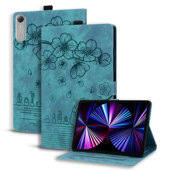 For Lenovo Idea Tab Pro Gen 2 Case Card Slots Leather Tablet Stand Folio Cover Flower Cat - Green - 1