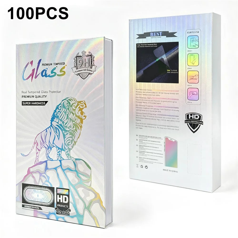 100Pcs 12 inch Tempered Glass Screen Protector Packaging Box Holographic Silver 3D Lion Design Foldable Hard Case - Laser Gradient - 1