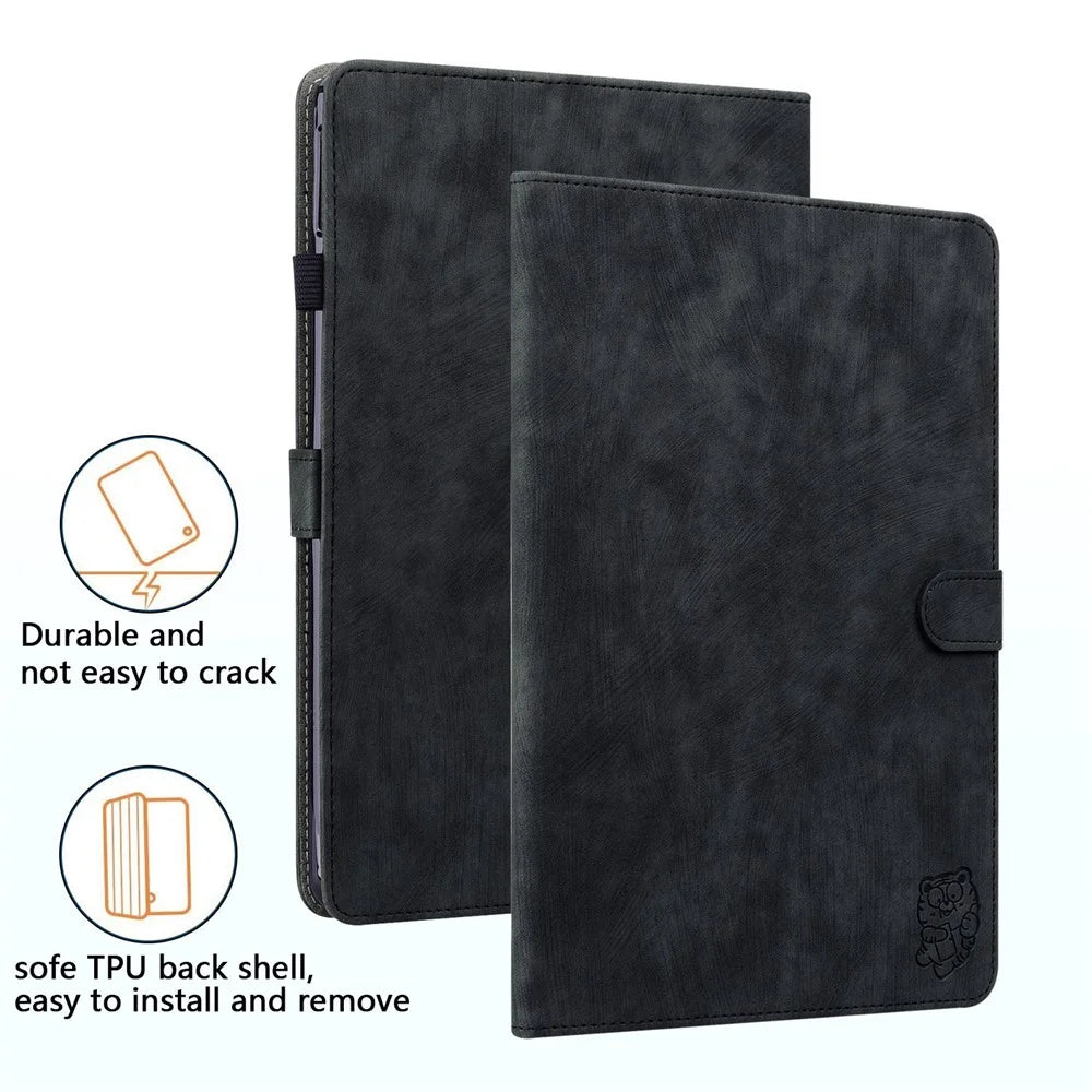 For Lenovo M10 Plus Shockproof Tablet Case with Card Slot Cute Tiger Pattern Imprinted Stand Shell TPU+PU Leather Anti-Drop Cover - Black - 7