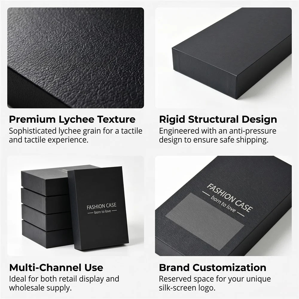 50Pcs 5.8-6.8 inch Phone Case Packaging Box Lychee Texture Foldable Gift Box with Foam Insert - Black - 4