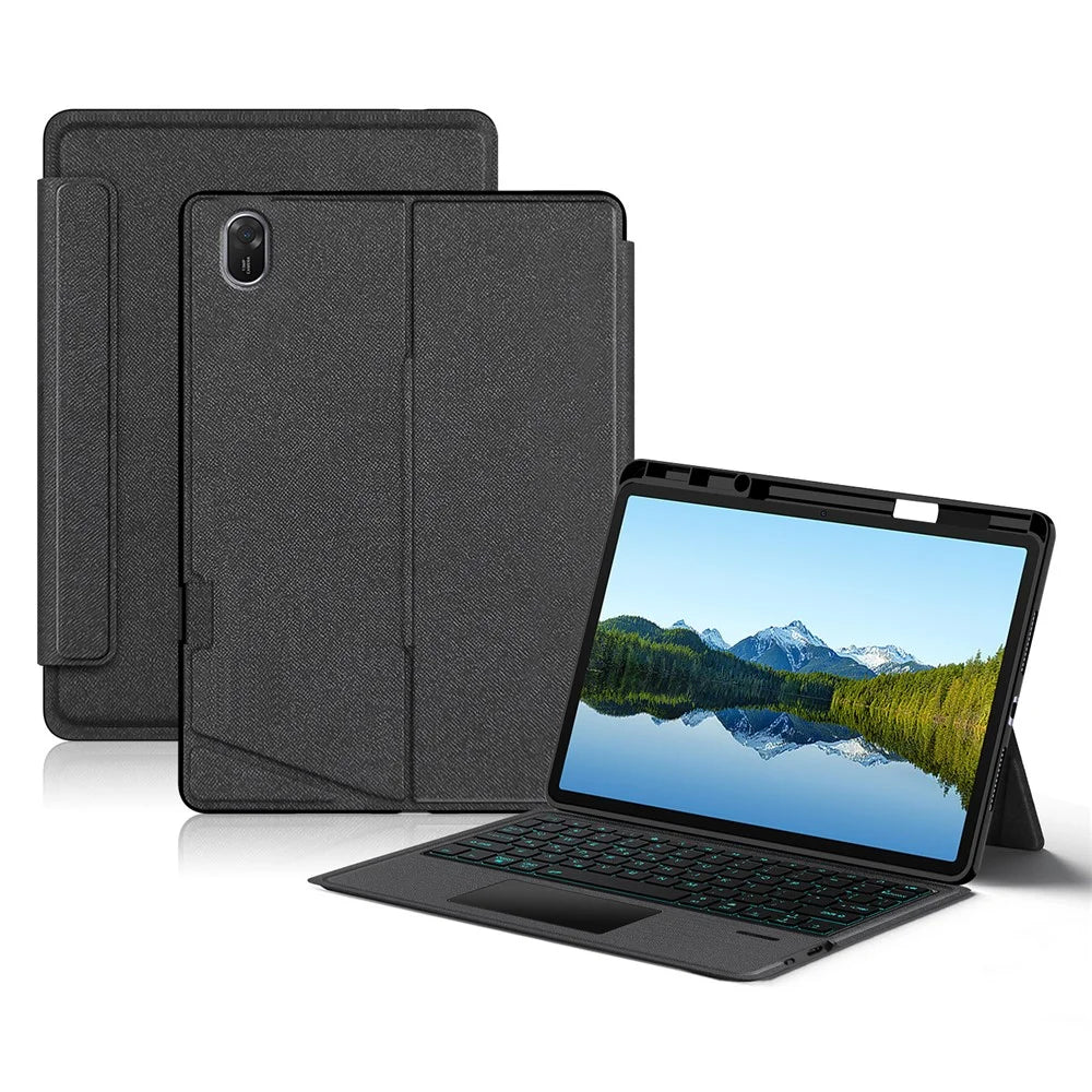 For Huawei Qingyun C5 (4rd Gen) Leather Case + Bluetooth-Compatible Keyboard with Backlight Trackpad - Black - 1