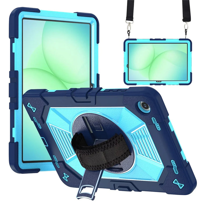 For Samsung Galaxy Tab A11+ / Tab A9+ Case Kickstand PC + Silicone Shockproof Cover with Hand Strap / Shoulder Strap - Navy Blue+Sky Blue - 1