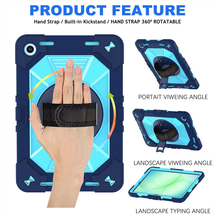 For Samsung Galaxy Tab A11+ / Tab A9+ Case Kickstand PC + Silicone Shockproof Cover with Hand Strap / Shoulder Strap - Navy Blue+Sky Blue - 3