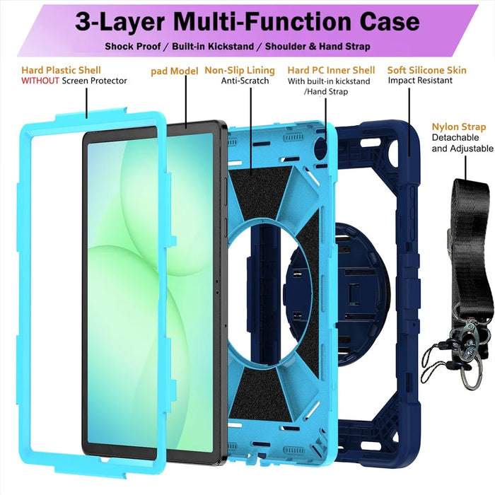For Samsung Galaxy Tab A11+ / Tab A9+ Case Kickstand PC + Silicone Shockproof Cover with Hand Strap / Shoulder Strap - Navy Blue+Sky Blue - 4