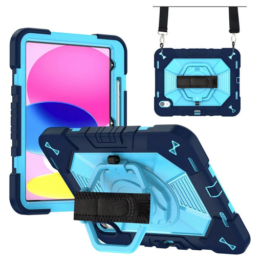 For iPad (2025) / iPad 10.9 (2022) Case Kickstand PC + Silicone Tablet Cover with Shoulder Strap / Pen Holder - Navy Blue+Sky Blue - 1