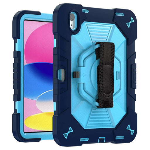 For iPad (2025) / iPad 10.9 (2022) Case Kickstand PC + Silicone Tablet Cover with Shoulder Strap / Pen Holder - Navy Blue+Sky Blue - 2