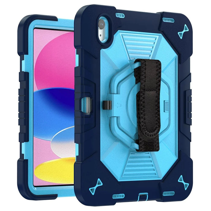 For iPad (2025) / iPad 10.9 (2022) Case Kickstand PC + Silicone Tablet Cover with Shoulder Strap / Pen Holder - Navy Blue+Sky Blue - 2