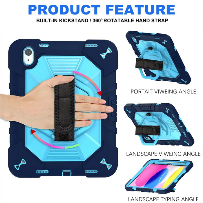 For iPad (2025) / iPad 10.9 (2022) Case Kickstand PC + Silicone Tablet Cover with Shoulder Strap / Pen Holder - Navy Blue+Sky Blue - 3