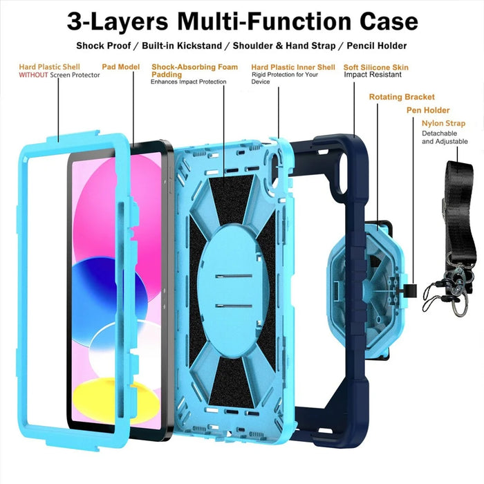 For iPad (2025) / iPad 10.9 (2022) Case Kickstand PC + Silicone Tablet Cover with Shoulder Strap / Pen Holder - Navy Blue+Sky Blue - 4