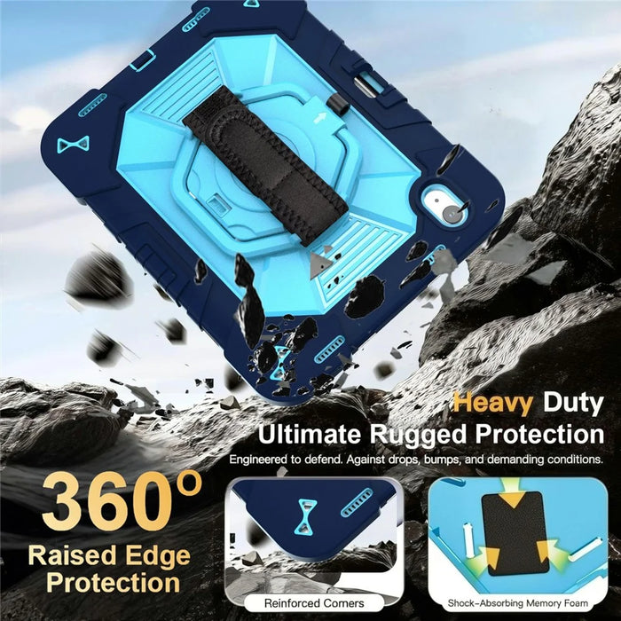 For iPad (2025) / iPad 10.9 (2022) Case Kickstand PC + Silicone Tablet Cover with Shoulder Strap / Pen Holder - Navy Blue+Sky Blue - 5