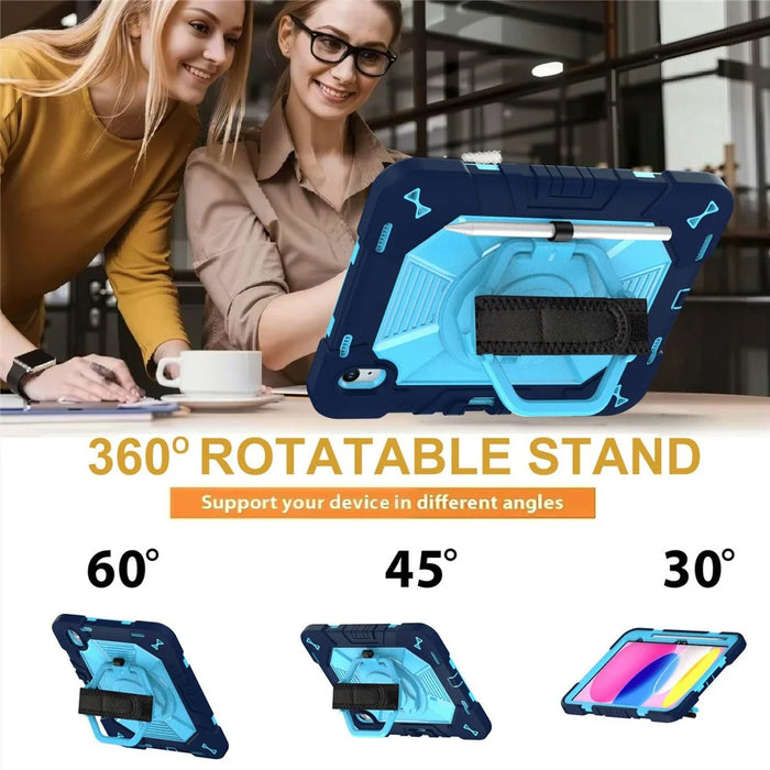 For iPad (2025) / iPad 10.9 (2022) Case Kickstand PC + Silicone Tablet Cover with Shoulder Strap / Pen Holder - Navy Blue+Sky Blue - 6