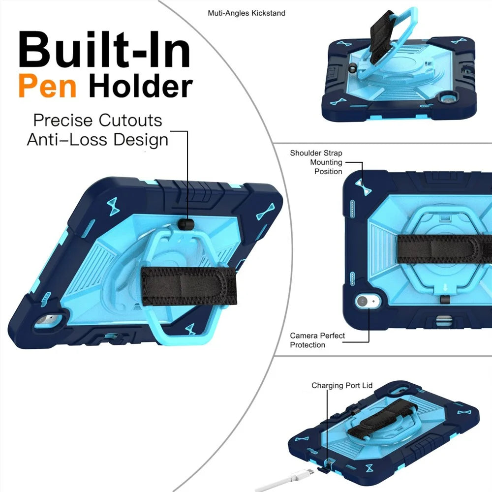 For iPad (2025) / iPad 10.9 (2022) Case Kickstand PC + Silicone Tablet Cover with Shoulder Strap / Pen Holder - Navy Blue+Sky Blue - 7