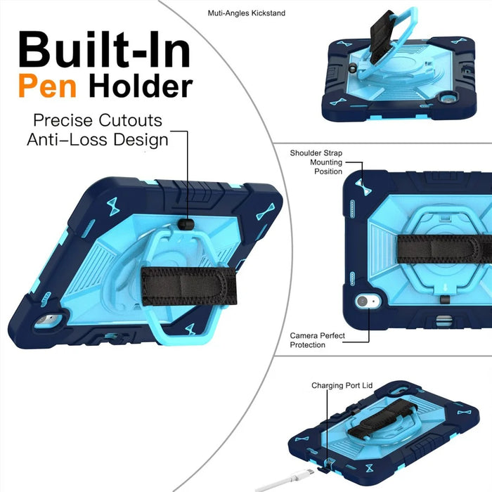 For iPad (2025) / iPad 10.9 (2022) Case Kickstand PC + Silicone Tablet Cover with Shoulder Strap / Pen Holder - Navy Blue+Sky Blue - 7
