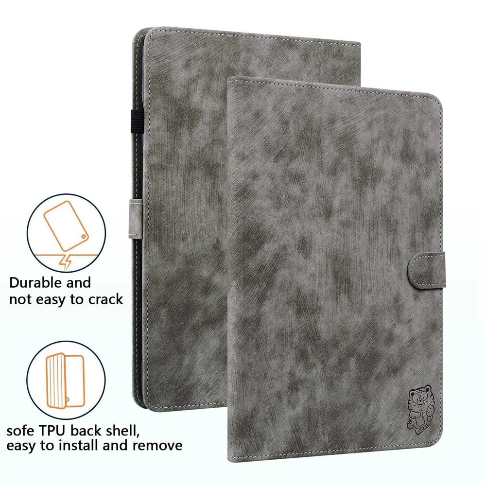 For iPad Air 11 (2026) / (2025) / (2024) / Air (2022) / (2020) / Pro 11 (2018) / (2020) / (2021) / (2022) Case Tiger Pattern Leather Cover Stand - Grey - 7