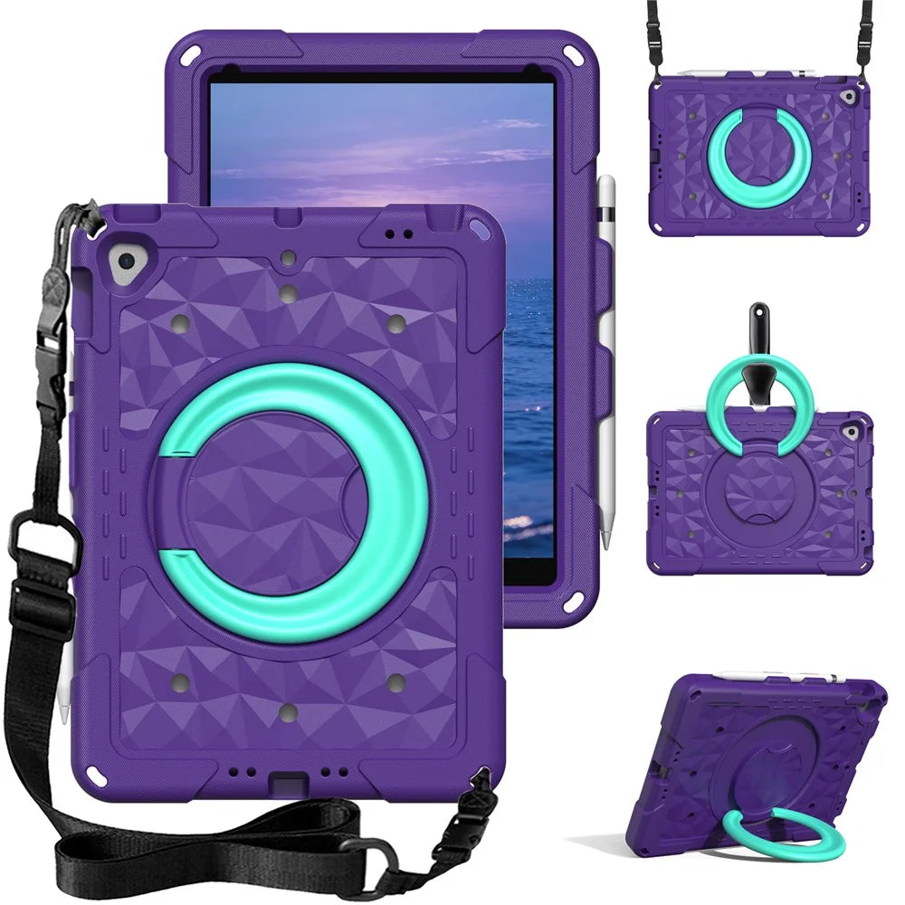 Hand Grip Kickstand Tablet Case For iPad 10.2 (2021) / (2020) / (2019) / Air 10.5 inch (2019) / iPad Pro 10.5-inch (2017) Geometric Pattern PC + EVA Cover with Shoulder Strap - Purple / Mint Green - 1