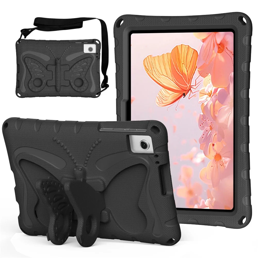 For T-Mobile REVVL Tab 2 (2025) / TCL Tab 10L LTE Gen3 Case Butterfly Kickstand EVA Tablet Cover with Shoulder Strap - Black - 1