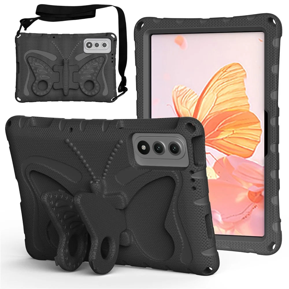 For Lenovo Yoga Tab 11.1 / TECNO Megapad SE Case Butterfly Kickstand EVA Tablet Cover with Shoulder Strap - Black - 1