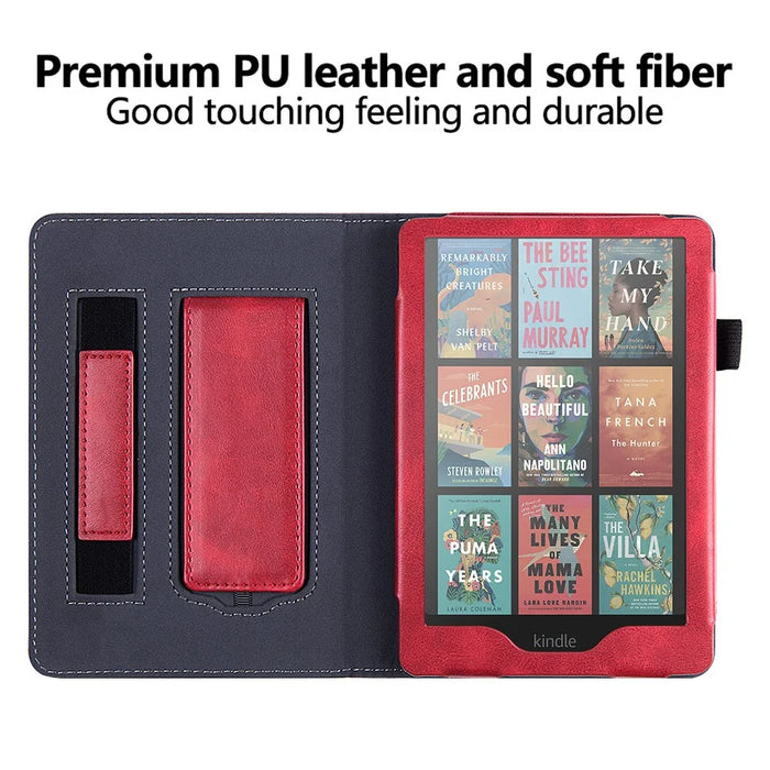 For Amazon Kindle Paperwhite (2024) / Kindle Colorsoft Case Kickstand PU Leather E-Reader Cover with Hand Strap - Red - 2