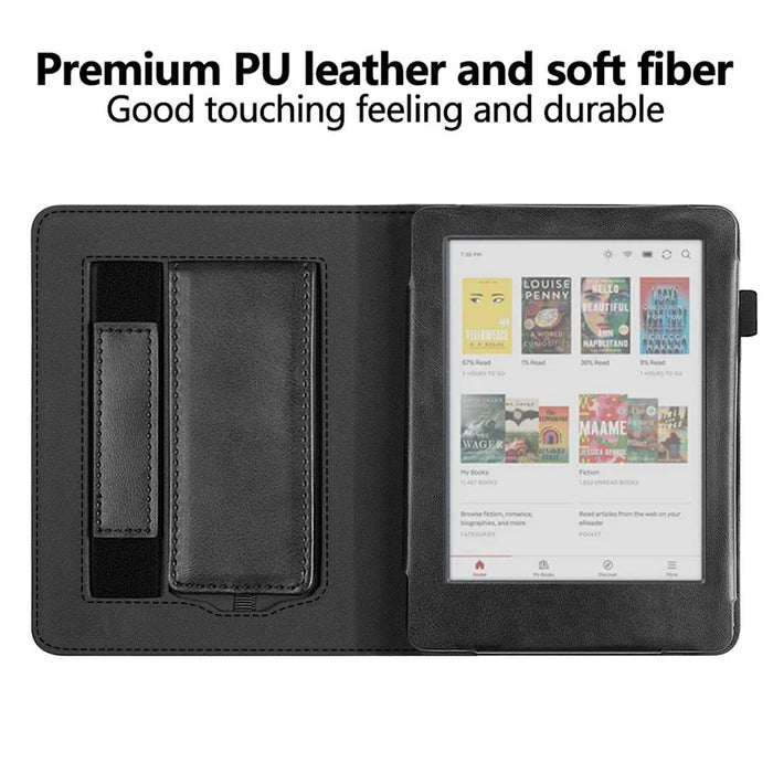 For Kobo Clara Colour / Clara BW Case Kickstand PU Leather E-Reader Cover with Hand Strap - Black - 2