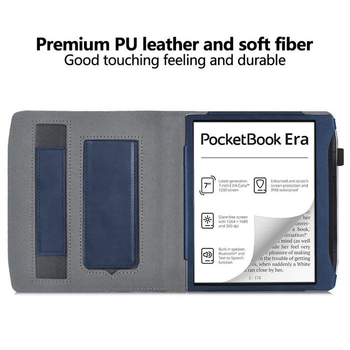 For PocketBook Era (2022) / Era Color Case Kickstand PU Leather E-Reader Cover with Hand Strap - Blue - 2