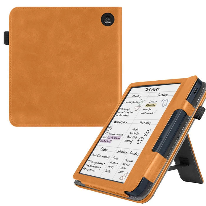 For Kobo Libra Colour Case Kickstand PU Leather E-Reader Cover with Hand Strap - Brown - 1