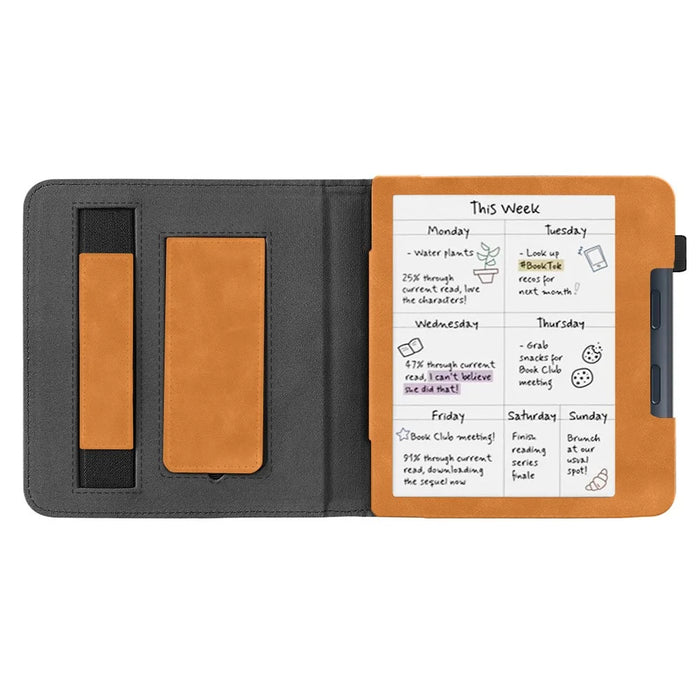 For Kobo Libra Colour Case Kickstand PU Leather E-Reader Cover with Hand Strap - Brown - 4