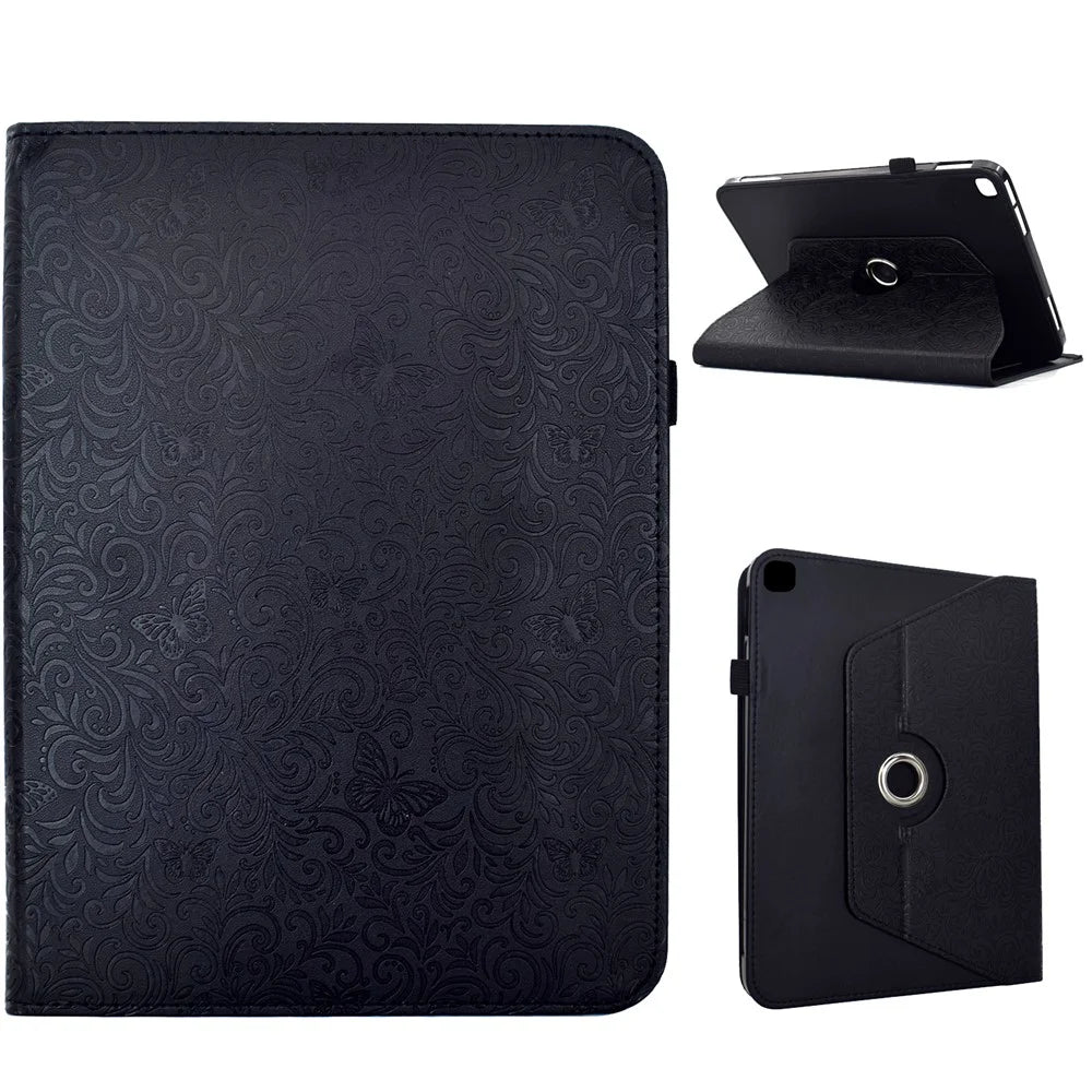 For iPad 10.2 (2021) / (2020) Case Butterfly Flower Imrpint Leather Tablet Cover with Rotary Stand Card Holder - Black - 1