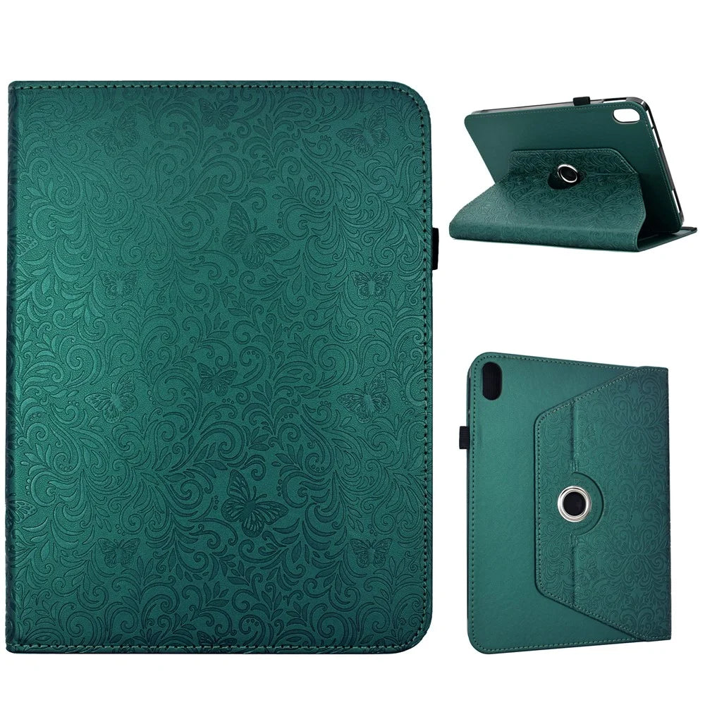 For iPad (2025) / iPad 10.9 (2022) Case Butterfly Flower Imrpint Leather Tablet Cover with Rotary Stand Card Holder - Green - 1