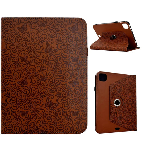 Leather Case for iPad Air 11 (2025) / (2024) / Air (2022) / Air (2020) / iPad Pro 11 (2022) / (2021) / (2020) / (2018) Butterfly Flower Imrpint Cover with Rotary Stand Card Holder - Brown - 1