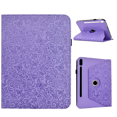 For Samsung Galaxy Tab S9+  /  S9 FE+  /  S10+ Case Butterfly Flower Imrpint Leather Tablet Cover with Rotary Stand Card Holder - Light Purple - 1