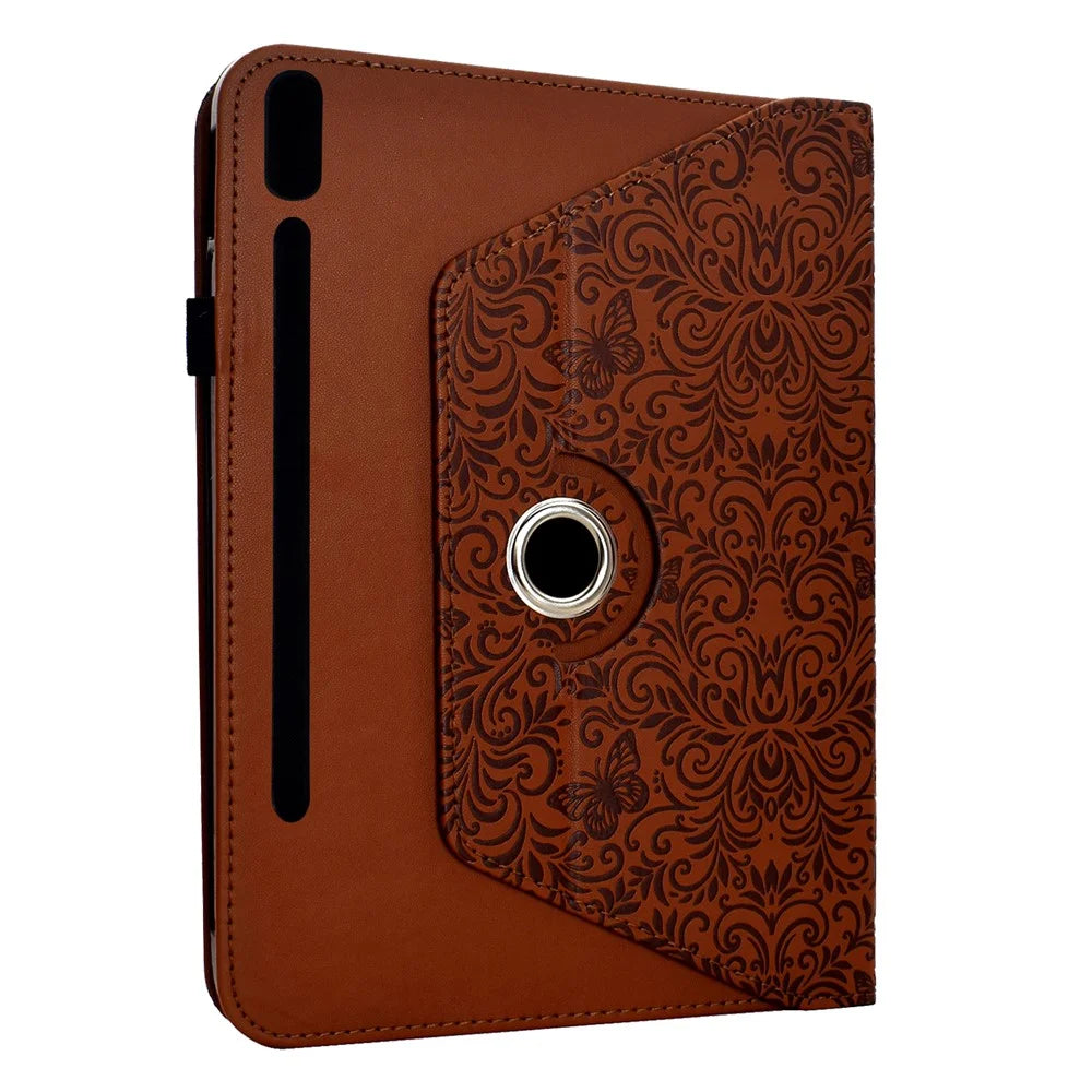 For Samsung Galaxy Tab S9  /  S9 FE  /  S10 FE Case Butterfly Flower Imrpint Leather Tablet Cover with Rotary Stand Card Holder - Brown - 3