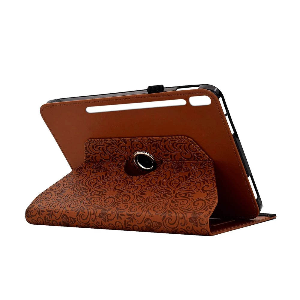 For Samsung Galaxy Tab S9  /  S9 FE  /  S10 FE Case Butterfly Flower Imrpint Leather Tablet Cover with Rotary Stand Card Holder - Brown - 5