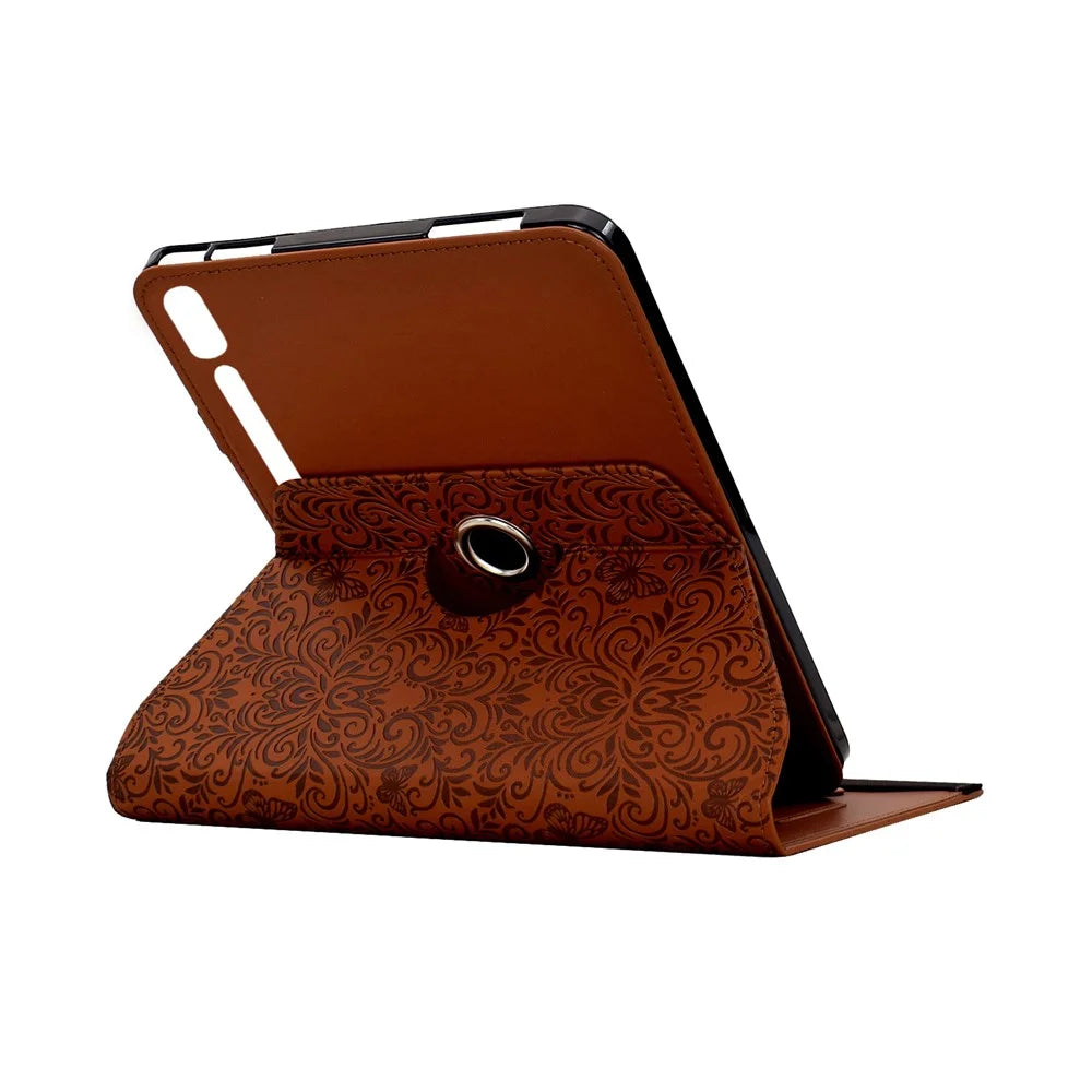 For Samsung Galaxy Tab S9  /  S9 FE  /  S10 FE Case Butterfly Flower Imrpint Leather Tablet Cover with Rotary Stand Card Holder - Brown - 6
