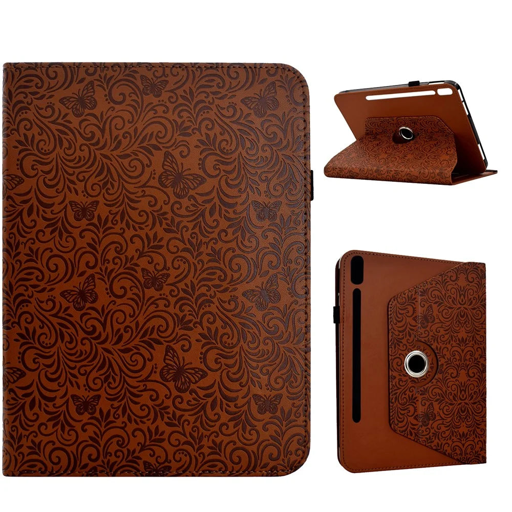 For Samsung Galaxy Tab S10 FE+ Case Butterfly Flower Imrpint Leather Tablet Cover with Rotary Stand Card Holder - Brown - 1