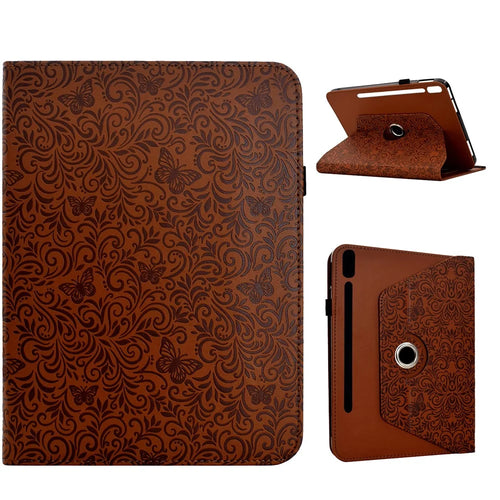 For Samsung Galaxy Tab S10 FE+ Case Butterfly Flower Imrpint Leather Tablet Cover with Rotary Stand Card Holder - Brown - 1