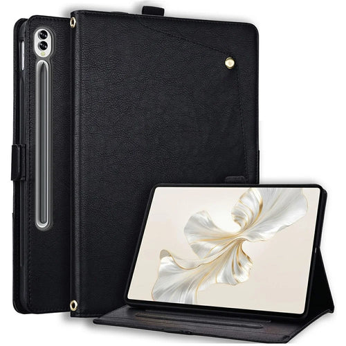 For Samsung Galaxy Tab S9 FE+  /  Tab S10+ Case Front Pocket Business Leather Tablet Cover with Card Holder Stand  - Black - 1