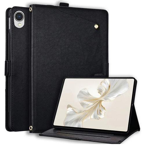 For Samsung Galaxy Tab S11 Case Front Pocket Business Leather Tablet Cover with Card Holder Stand - Black - 1