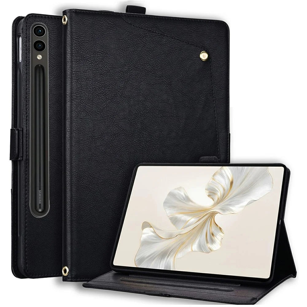 For Samsung Galaxy Tab S8 Ultra  /  Tab S9 Ultra  /  Tab S10 Ultra  /  Tab S11 Ultra Case Front Pocket Business Leather Tablet Cover with Card Holder Stand  - Black - 1