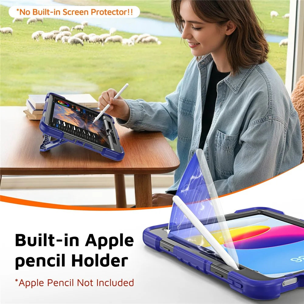 For iPad (2025) / iPad 10.9 (2022) Case Kickstand PC + TPU + Silicone Tablet Cover with Pen Holder - Navy Blue+Black - 2