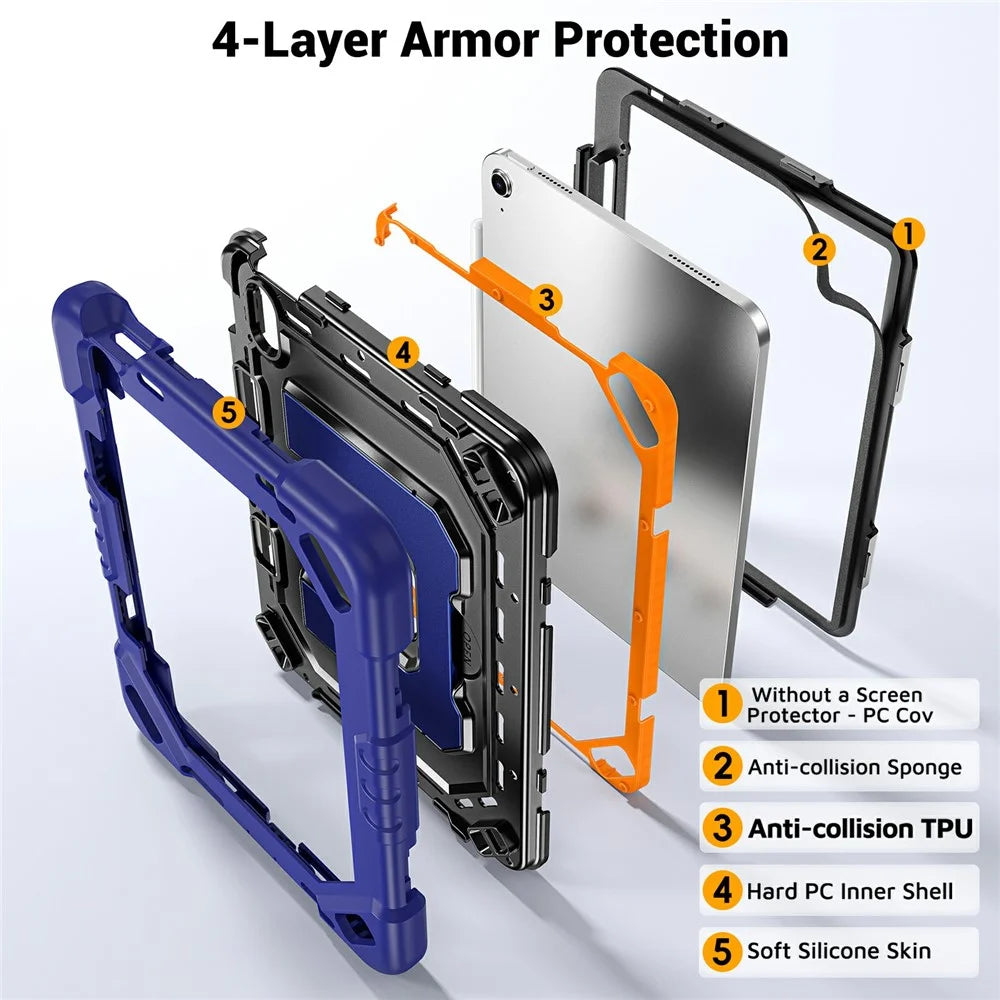 For iPad (2025) / iPad 10.9 (2022) Case Kickstand PC + TPU + Silicone Tablet Cover with Pen Holder - Navy Blue+Black - 5