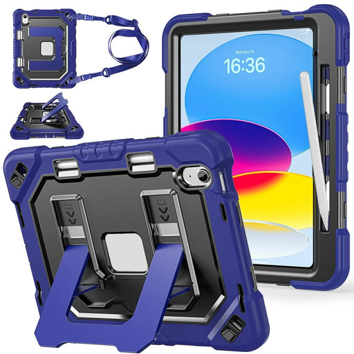 For iPad (2025) / iPad 10.9 (2022) Case Shockproof PC + TPU + Silicone Protective Cover with Shoulder Strap / Pen Holder - Navy Blue+Black - 1