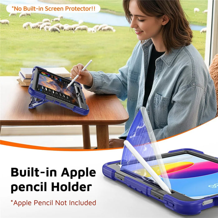 For iPad (2025) / iPad 10.9 (2022) Case Shockproof PC + TPU + Silicone Protective Cover with Shoulder Strap / Pen Holder - Navy Blue+Black - 2