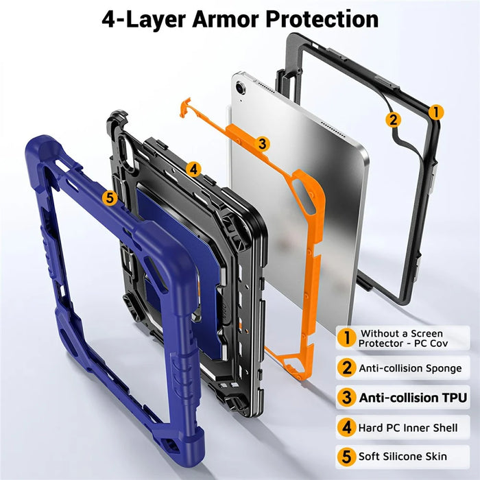 For iPad (2025) / iPad 10.9 (2022) Case Shockproof PC + TPU + Silicone Protective Cover with Shoulder Strap / Pen Holder - Navy Blue+Black - 5