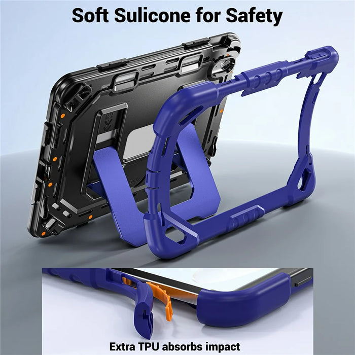 For iPad (2025) / iPad 10.9 (2022) Case Shockproof PC + TPU + Silicone Protective Cover with Shoulder Strap / Pen Holder - Navy Blue+Black - 6