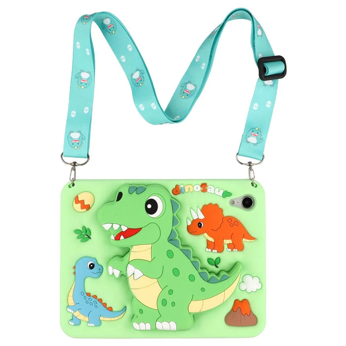 For iPad mini (2024) / (2021) Case Dinosaur Retractable Kickstand Silicone Tablet Cover with Shoulder Strap - 1