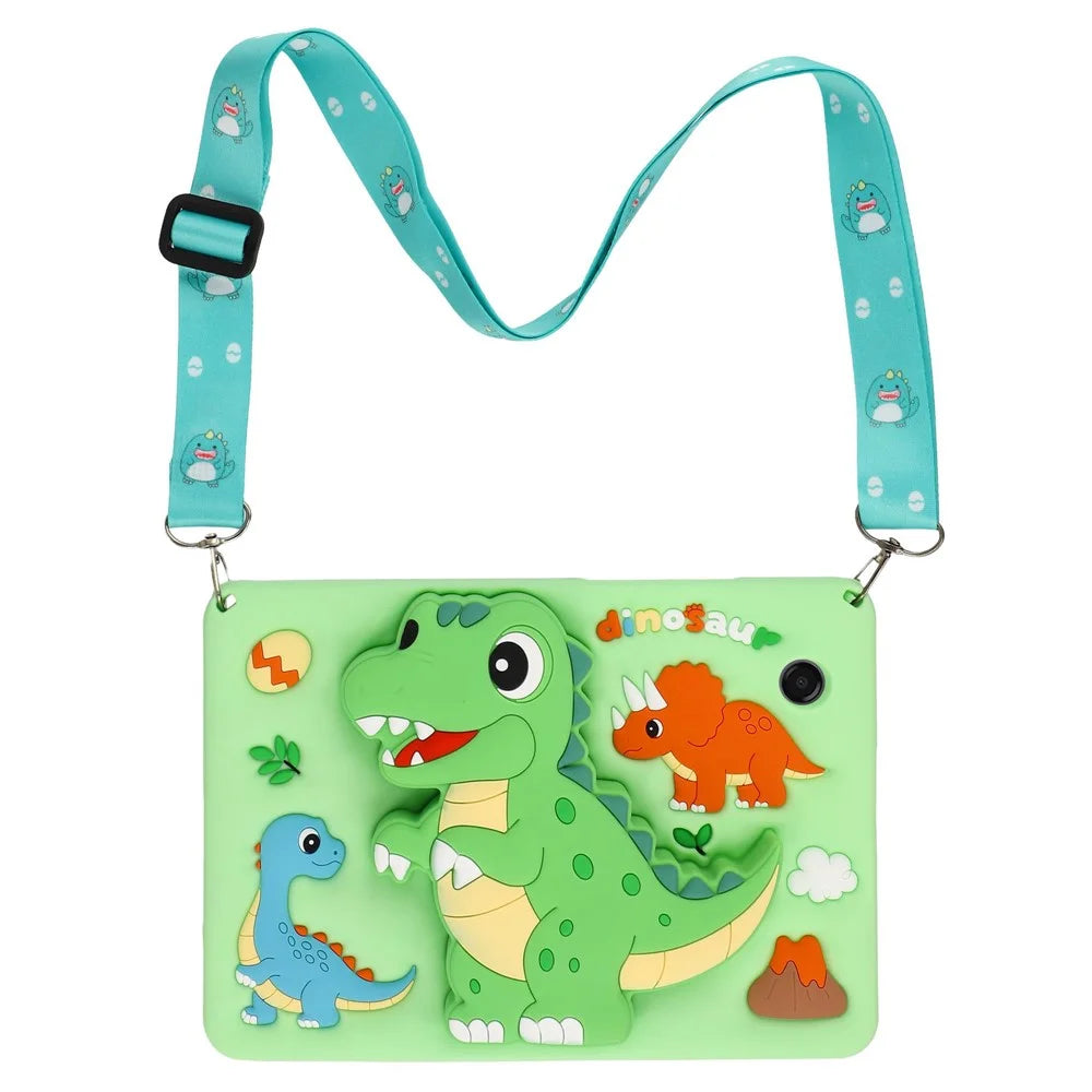 For Samsung Galaxy Tab A11 / Tab A9 Case Dinosaur Retractable Kickstand Silicone Tablet Cover with Shoulder Strap - 1