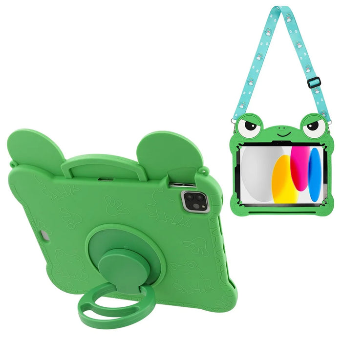 For iPad (2025) / iPad 10.9 (2022) Case Rotating Kickstand Cute Frog Design Silicone Tablet Cover with Lanyard - 1